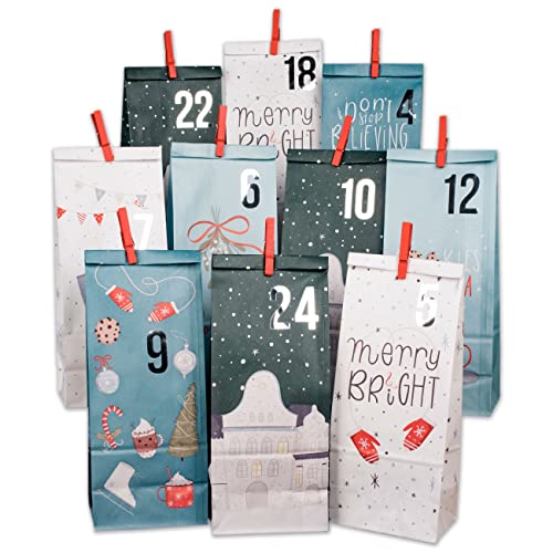 Papierdrachen Adventskalender 2024 zum Befüllen - 24 bedruckte, nachhaltige Geschenktüten in Blau mit Zahlenaufklebern & Klammern - Weihnachtsmotiv in Blau - DIY Bastelset für Weihnachten von Papierdrachen