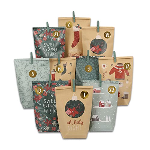 Papierdrachen Adventskalender zum Befüllen - 24 grüne und braune Bedruckte Geschenktüten und 24 Zahlenaufkleber und Klammern - Motiv Grün - zum Basteln und Verschenken - Weihnachten von Papierdrachen