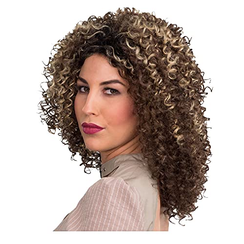 WOOOOZY NEU Perücke Damen Mini-Locken Afro mit blonden Strähnen, braun -mit Haarnetz von PAPSTAR