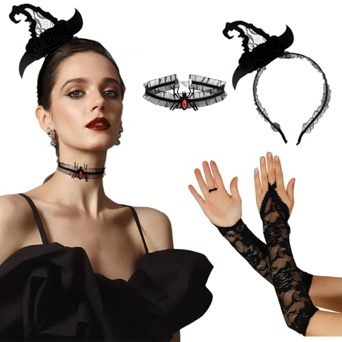 3Pcs Halloween Haarreifen mit Kette & Spitze Handschuh,Gothic Haarreif Halloween Kopfschmuck Schwarz Halloween Kostüm Accessoires Damen Haarband Halloween Karneval Fasching Motto Party von PAPU