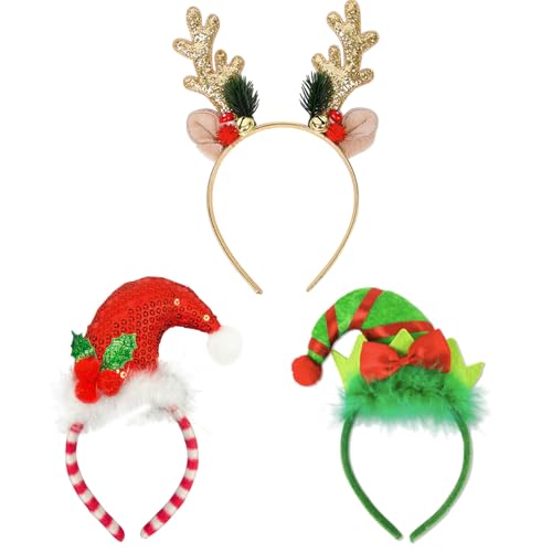 3 Stück Weihnachtshaarreif Weihnachts Stirnbänder Elfen Haarreif und Rentier Haarreif Weihnachten Kopfschmuck,Weihnachts Haarschmuck mit Zipfelmützen für Weihnachtsfeier Karneval Party von PAPU