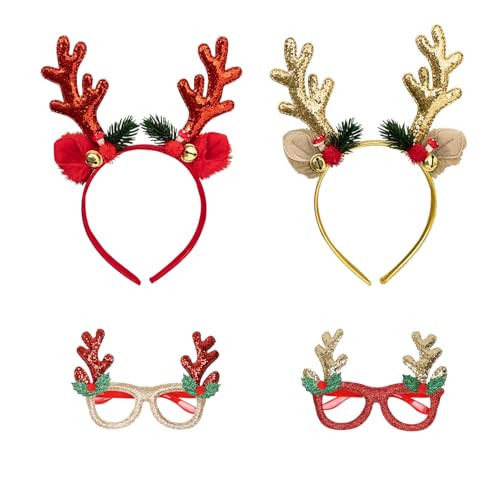 PAPU Glitzer Rentier Haarreif Weihnachten mit Weihnachtsgläser Set,4er Weihnachtshaarreif Weihnachtskostüm Zubehör mit Glöckchen Geweih Weihnachts Haarschmuck für Weihnachtsfeier Erwachsene Kinder von PAPU