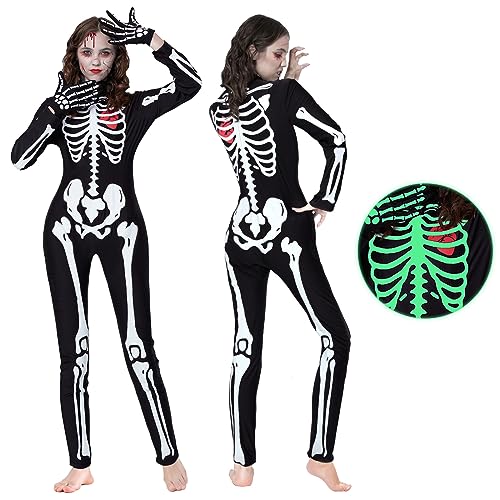 PARTTELY Frauen Onesie Skelett Kostüm Halloween Bodysuit Glow in the Dark mit Handschuhen für Halloween Cosplay Partys von PARTTELY