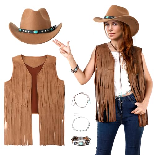 PARTTELY Western-Outfits für Damen, Cowgirl-Outfits, Cowgirl-Weste, Boho-Cowboyhut, Fransenweste für Halloween, Cosplay, Braun, Large von PARTTELY