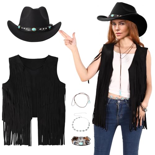 PARTTELY Western-Outfits für Damen, Cowgirl-Outfits, Cowgirl-Weste, Boho-Cowboyhut, Fransenweste für Halloween, Cosplay, Schwarz, Large von PARTTELY