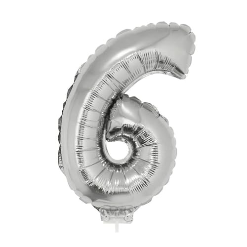 NEU Mini-Folienballon am Papierstäbchen, Zahl 6, silber, ca. 40cm von PARTY DISCOUNT