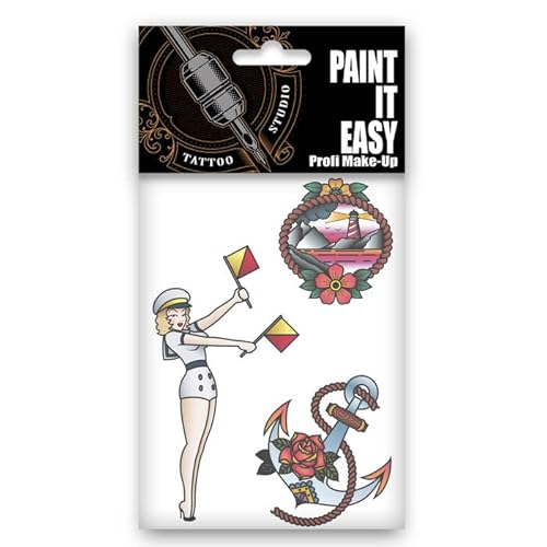 Temporäres Tattoo-Motiv Reality, 10,5 x 14,8cm, Maritim Matrosin Pin Up Set, Girl, Anker und Leuchtturm von PARTY DISCOUNT