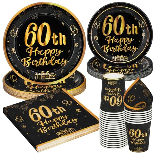 96 Stück Schwarz und Gold Geburtstag Party Geschirr Set, 60th Schwarz und Gold Geburtstag Party Geschirr Pappteller Set,für Kinder Geburtstag Party Tischdekoration 24 Gäste von PARTY GO