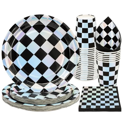 Party Geschirr 96 Checkerboard Party Geschirr Set Checkered Stück Schwarz Kinder Geburtstag Mädchen Party Dekoration Zubehör Set Papier Geschirr Set von PARTY GO