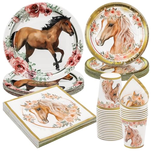 Party Go 96 Stück Pferd Partygeschirr Derby Horse Pappteller Servietten Tassen für Pferd Party Dekorationen Geburtstag Party Supplies Pferd Geschirr Dekor Platten Set Serve 24 Gäste von PARTY GO