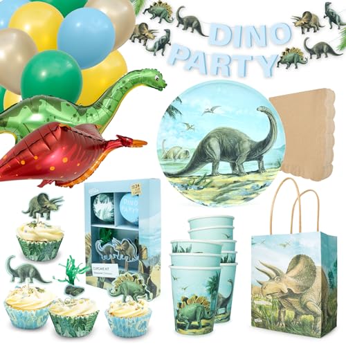 PARTY PARTY 103 Teile Dino PARTYGESCHIRR + GESCHENKTÜTEN + CUPCAKE TOPPER + GIRLANDE + BALLONS Set für 8 Gäste Kindergeburtstag Dinosaurier Geburtstag Dino Deko Jungen von PARTY PARTY