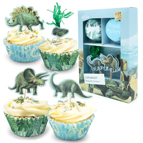 PARTY PARTY 48 Teile Set Dinosaurier CUPCAKE TOPPER + MUFFINFÖRMCHEN Papier, Brontosaurus, Stegosaurus, Triceratops, Dinosaurier Muffins Kindergeburtstag Dino Geburtstag Deko Jungen von PARTY PARTY