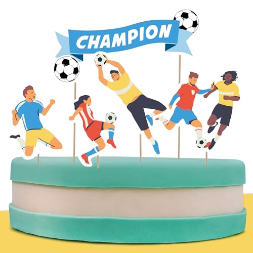 PARTY PARTY Fußball Tortendeko mit CHAMPION Banner, Fußball EM Cake-Topper-Set 5 Teile, Kuchendeko Fußballparty Geburtstag Fußball Deko Jungen Mädchen von PARTY PARTY