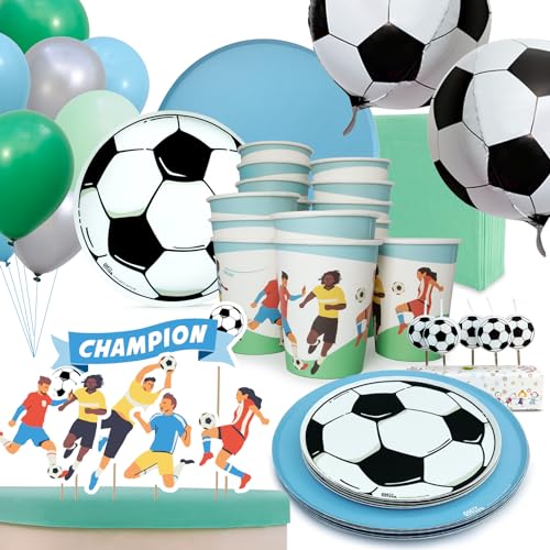 PARTY PARTY 97 Teile Fußball Geburtstag Set Blau 16 Gäste, EM PARTYGESCHIRR + CAKETOPPER + KERZEN+ BALLONS, Fußballparty Geburtstag Fußball Deko Jungen Mädchen von PARTY PARTY