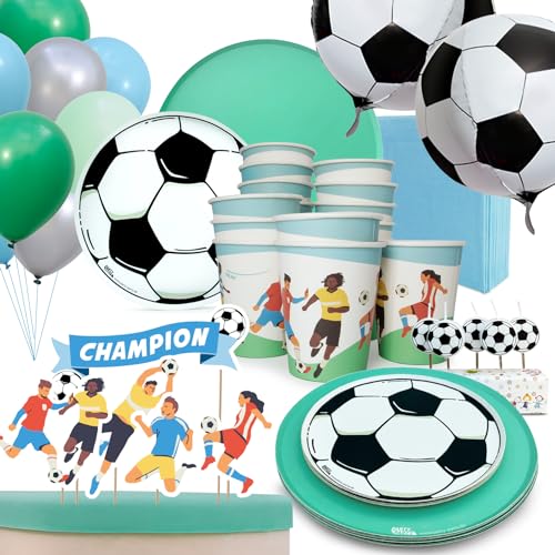 PARTY PARTY 97 Teile Fußball Geburtstag Set Grün 16 Gäste, EM PARTYGESCHIRR + CAKETOPPER + KERZEN+ BALLONS, Fußballparty Geburtstag Fußball Deko Jungen Mädchen von PARTY PARTY