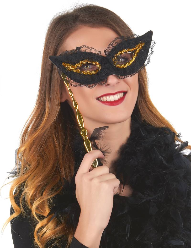 Stab-Augenmaske mit Spitze schwarz-gold von KARNEVAL-MEGASTORE