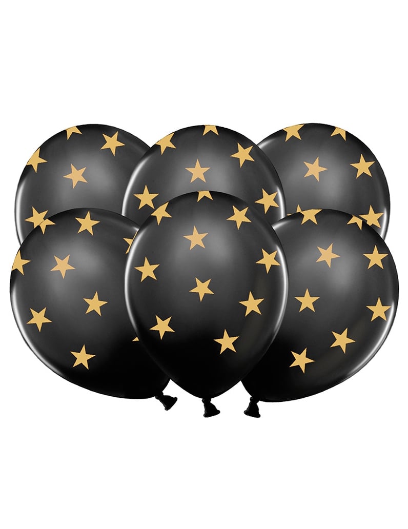 Latexballons mit Sternen 6 Stück schwarz-gold von PARTYDECO