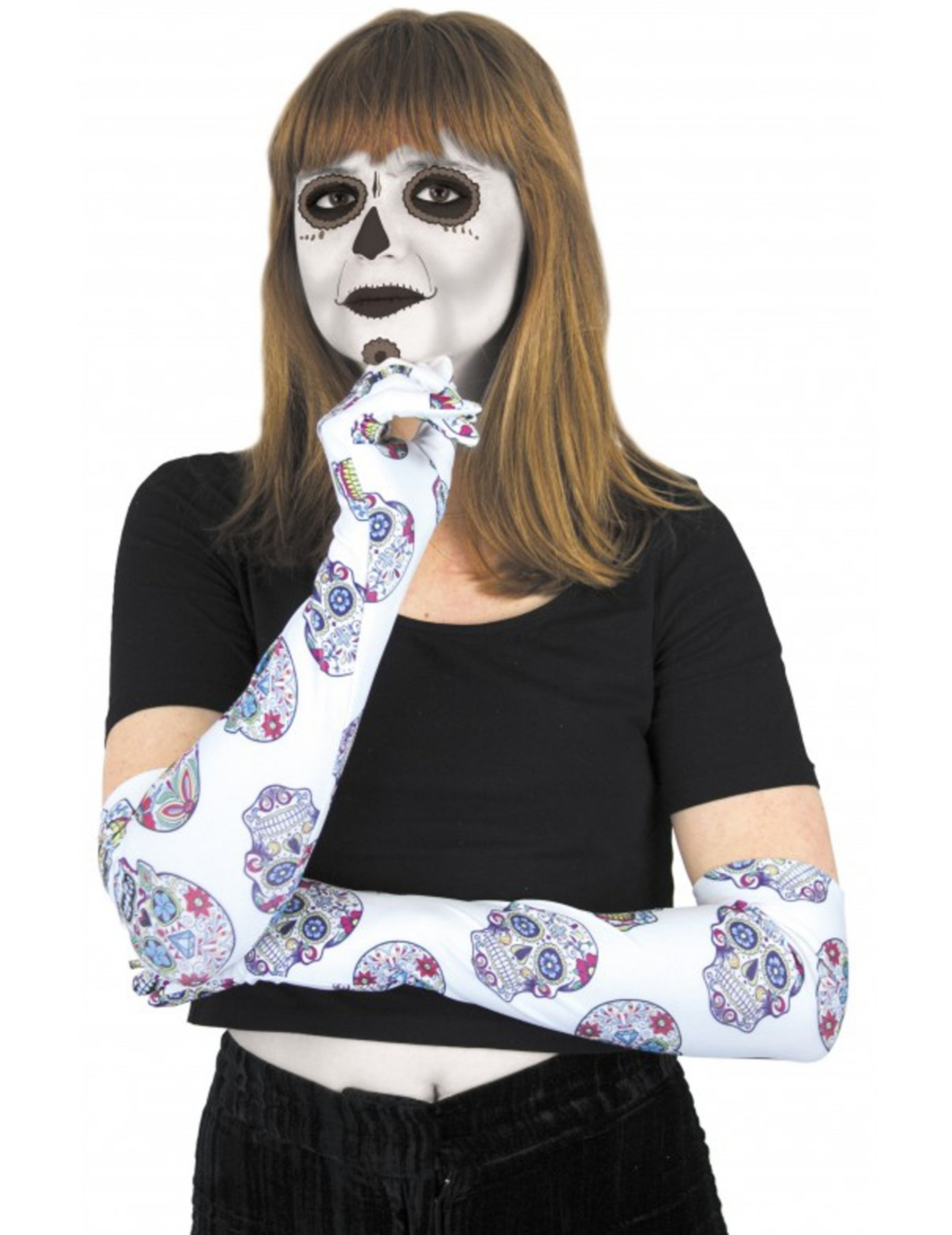 Día de los Muertos Handschuhe Halloween-Accessoire weiss-bunt von PARTYPRO