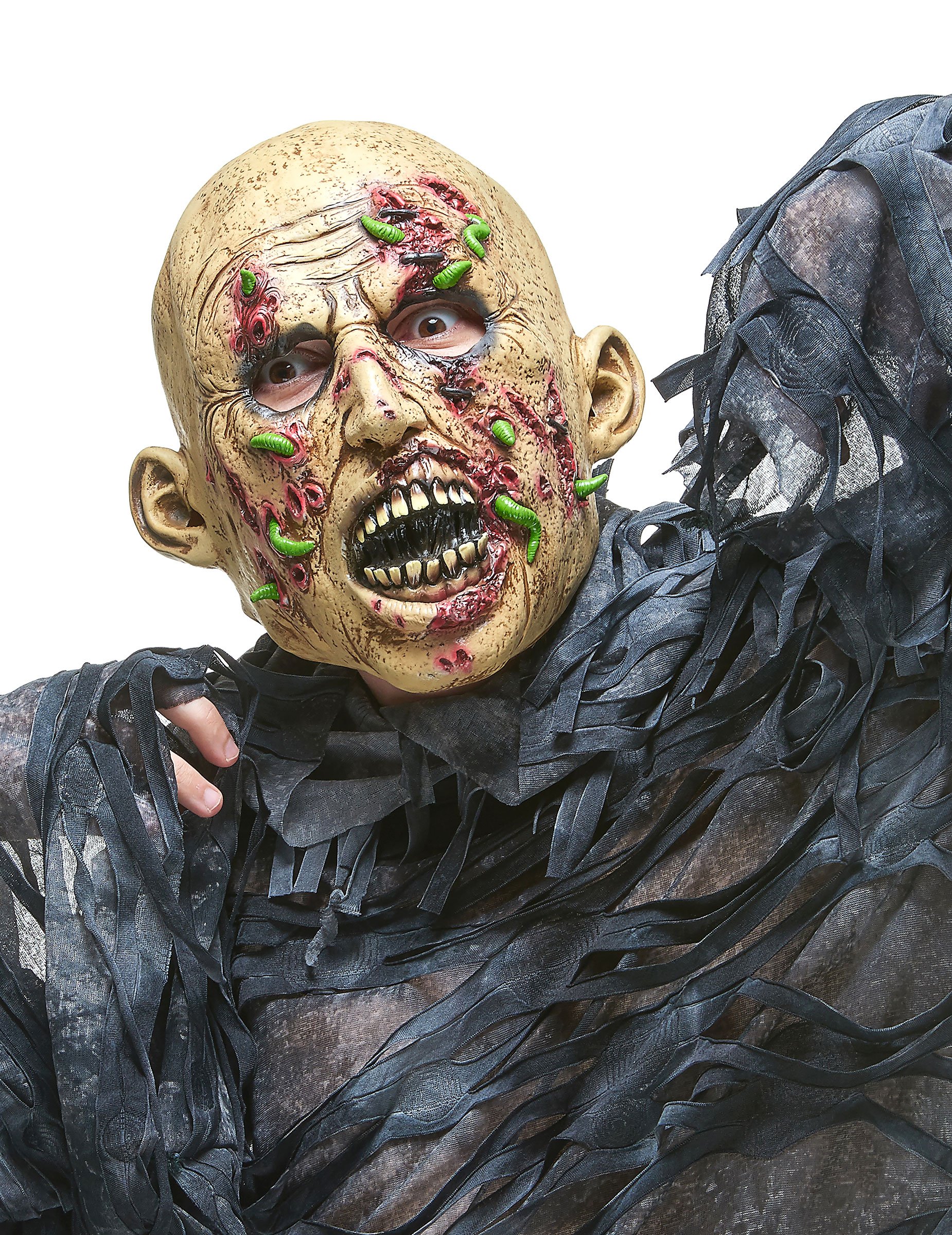 Blutiger Zombie Maske mit Maden bunt von KARNEVAL-MEGASTORE