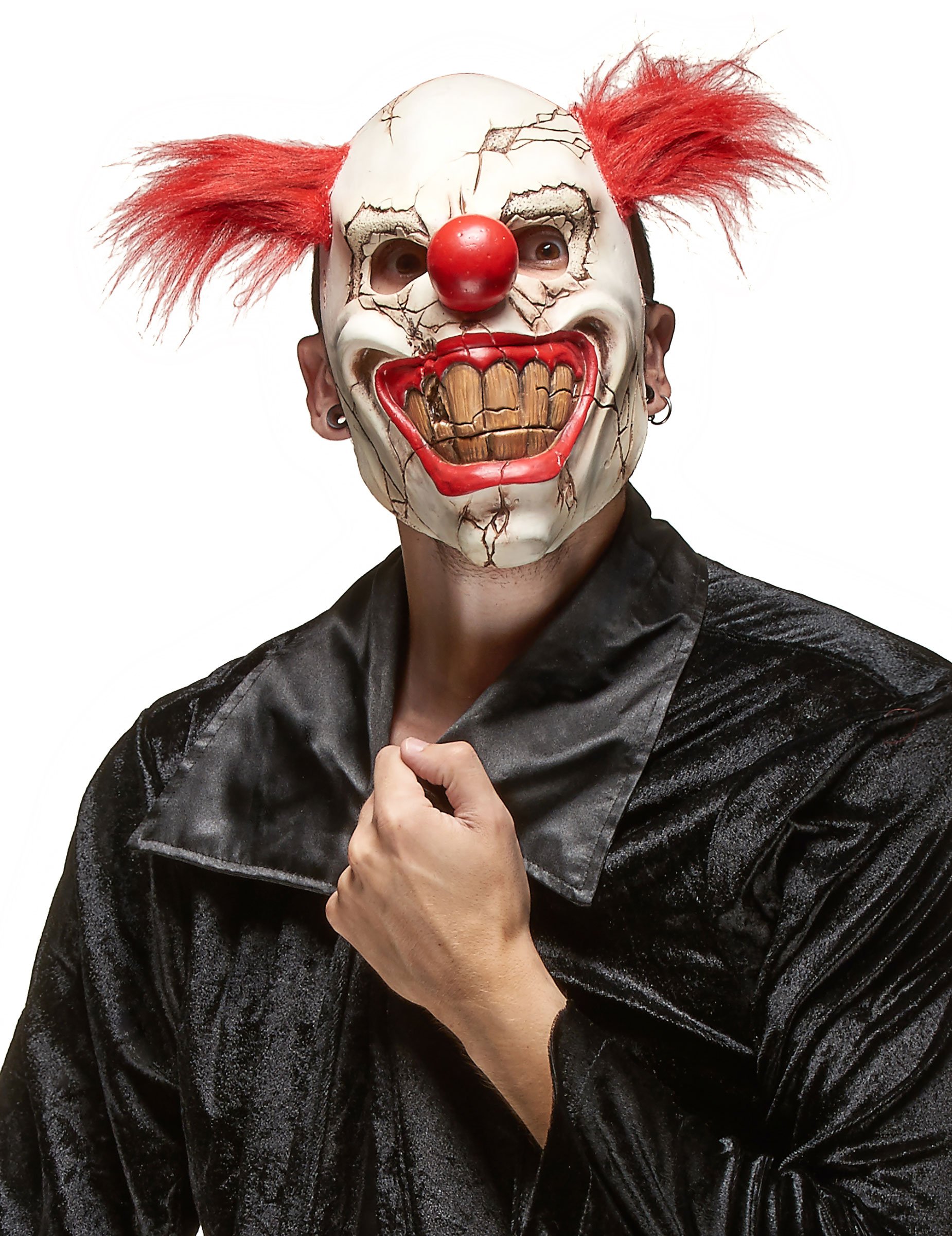 Brüchige Clownsmaske Horrorclown-Halbmaske weiss-rot von KARNEVAL-MEGASTORE