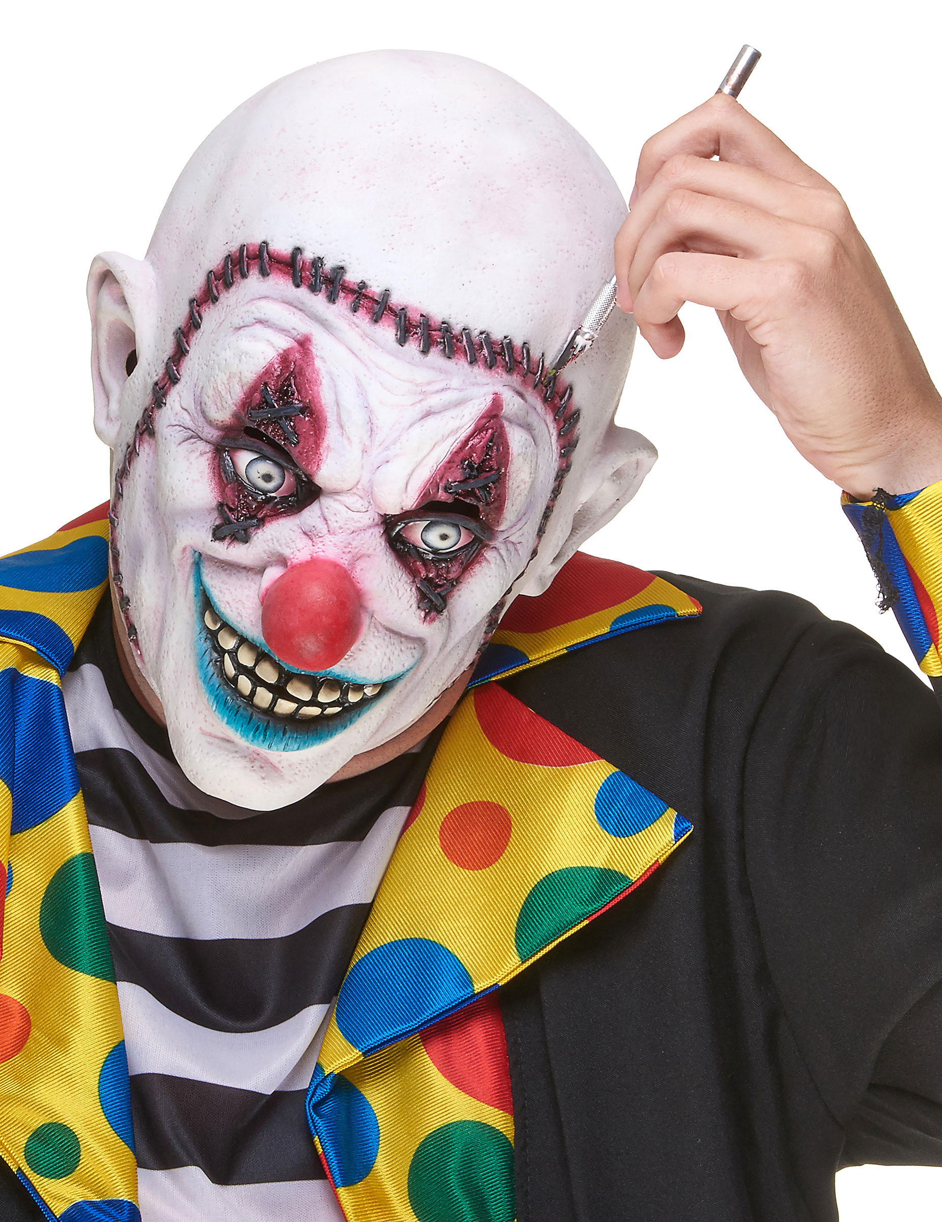 Horrorclown-Maske mit angenähtem Gesicht Böser Clown-Latexmaske weiss-bunt von KARNEVAL-MEGASTORE