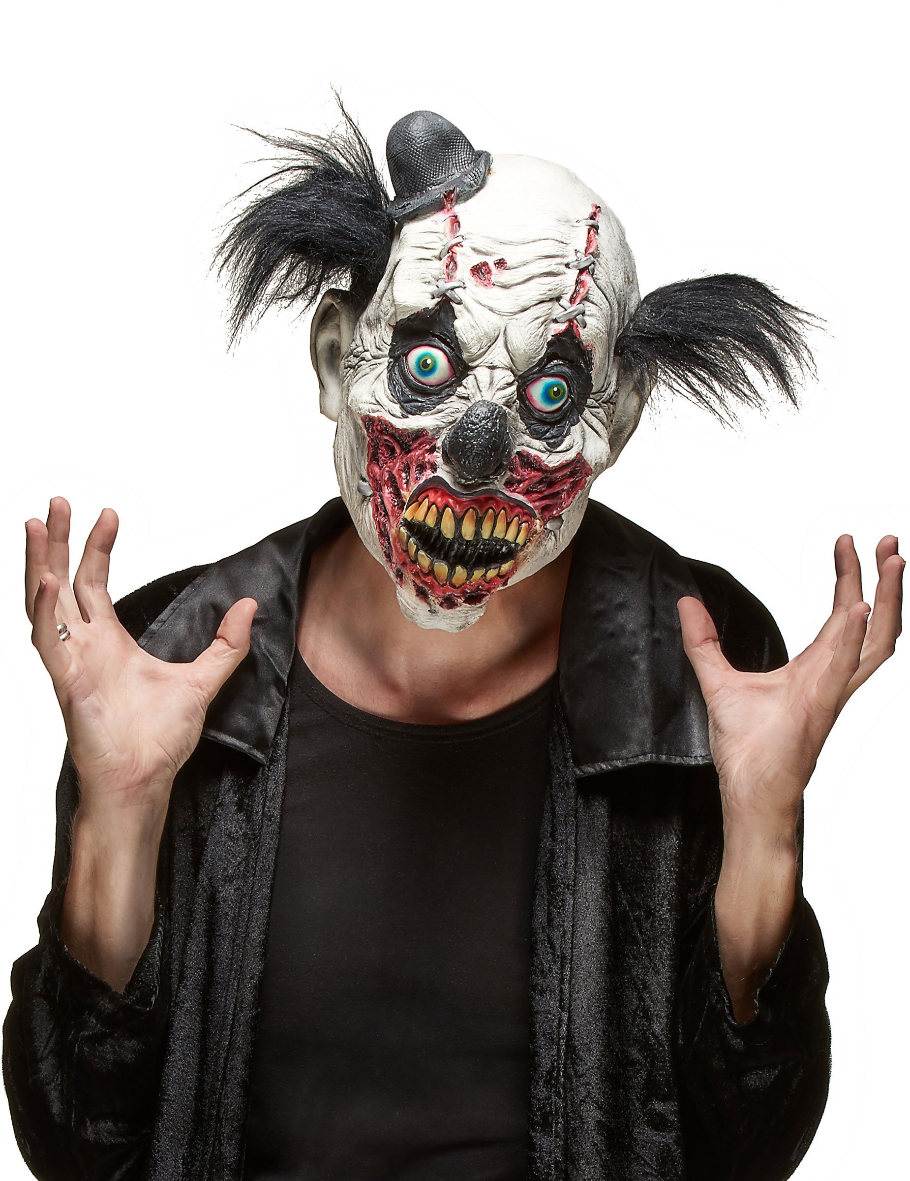 Zombieclown-Maske Monsterclown-Latexmaske schwarz-weiss-bunt von KARNEVAL-MEGASTORE