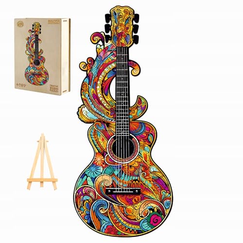 PASJO - Holzpuzzle Erwachsene mit Gitarremotiv 200 Teile 17,7X41,2 cm - Geschenkidee für Kinder - Holz Puzzle Gitarre - Einzigartige Musikinstrument Holz-Puzzle - Jigsaw aus Holz für Erwachsene von PASJO