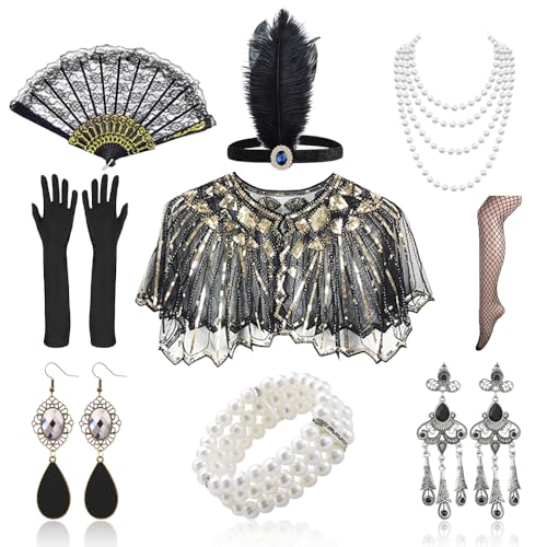 12-teiliges 1920er Flapper Great Gatsby Accessoires-Set Fashion Roaring 20's Theme Set mit Stirnband,20er Accessoires,Kopfbedeckung,langen schwarzen Handschuhen, Halskette, Ohrringen für Frauen von PASLFC