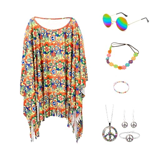 Hippie Kostüm Damen Set,7 Stück Damen Poncho Set,60 er 70er Jahre Hippie Kleidung,Hippie Kostüm Set,Faschingskostüm mit Poncho Halskette Ohrringe Sonnenbrillen,für Karneval Disco Party Cosplay von PASLFC