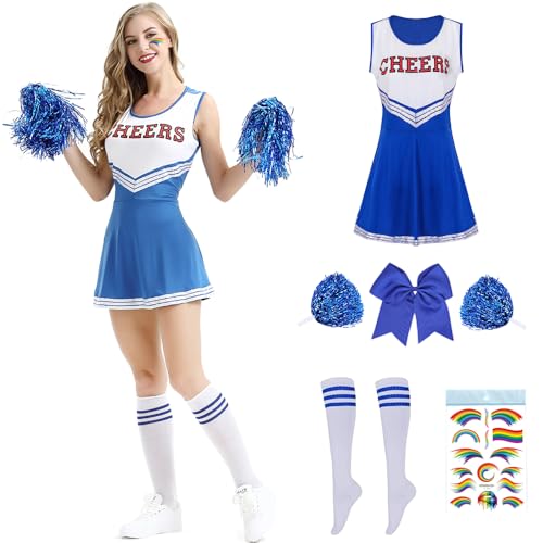 Cheerleader Kostüm Damen,Kostüm Cheerleader,Cheerleadering Outfit Mädchen,Kostüme für Erwachsene,Cheer Outfit Fasching Party Halloween Kostüm Kleid mit Pompoms Socken,Karneval,Mottoparty (Blau, L) von PASLFC