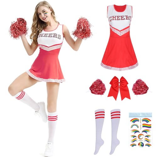 Cheerleader Kostüm Damen,Kostüm Cheerleader,Cheerleadering Outfit Mädchen,Kostüme für Erwachsene,Cheer Outfit Fasching Party Halloween Kostüm Kleid mit Pompoms Socken,Karneval,Mottoparty (Rot, S) von PASLFC