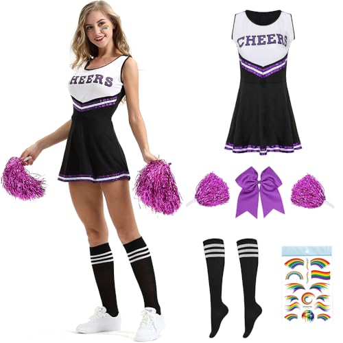 Cheerleader Kostüm Damen,Kostüm Cheerleader,Cheerleadering Outfit Mädchen,Kostüme für Erwachsene,Cheer Outfit Fasching Party Halloween Kostüm Kleid mit Pompoms Socken,Karneval,Mottoparty (Schwarz, S) von PASLFC