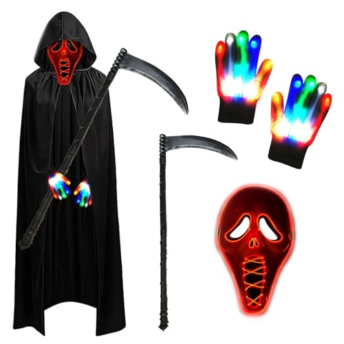 PASLFC Sensenmann Kostüm Erwachsene,Leuchtende Maske Set mit Sensemann Umhang und Sense und Glow Handschuhe,Halloween Kostüm Erwachsene,Kostüm Halloween Herren für Party Karneval Cosplay von PASLFC