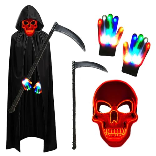 PASLFC Sensenmann Kostüm Erwachsene,Leuchtende Maske Set mit Sensemann Umhang und Sense und Glow Handschuhe,Halloween Kostüm Erwachsene,Kostüm Halloween Herren für Party Karneval Cosplay von PASLFC