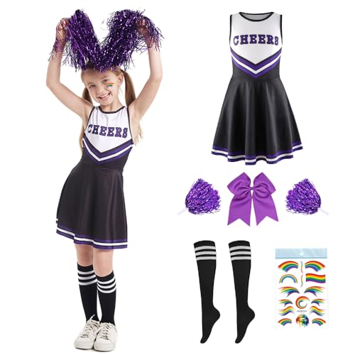 PASLFC Cheerleader Kostüm Kinder,Cheerleadering Outfit Mädchen,Cheerleading Uniform Kleid,Kinder Cheer Outfit mit Pompoms Socken,Kinderkostüm Cheerleader,für Karneval Halloween,Fasching,Mottoparty von PASLFC