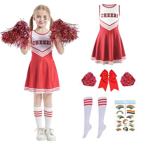 PASLFC Cheerleader Kostüm Kinder,Cheerleadering Outfit Mädchen,Cheerleading Uniform Kleid,Kinder Cheer Outfit mit Pompoms Socken,Kinderkostüm Cheerleader,für Karneval Halloween,Fasching,Mottoparty von PASLFC