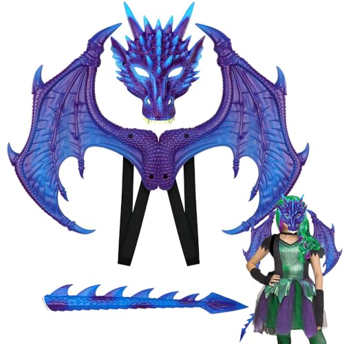 PASLFC Drachen Kostiim,Drachenkostum Kind,Drachenflügel,Halloween Drachen Maske,Drachen Kostim Erwachsene,Dinosaurier Cosplay Set für Kinder Jungen Mädchen Halloween Party Karneval (Blau Lila) von PASLFC