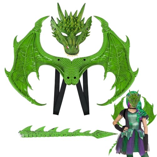 PASLFC Drachen Kostiim,Drachenkostum Kind,Drachenflügel,Halloween Drachen Maske,Drachen Kostim Erwachsene,Dinosaurier Cosplay Set für Kinder Jungen Mädchen Halloween Party Karneval (Grün) von PASLFC