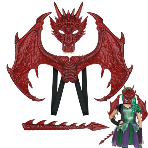 PASLFC Drachen Kostiim,Drachenkostum Kind,Drachenflügel,Halloween Drachen Maske,Drachen Kostim Erwachsene,Dinosaurier Cosplay Set für Kinder Jungen Mädchen Halloween Party Karneval (Rot) von PASLFC