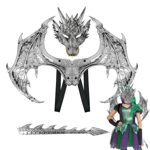 PASLFC Drachen Kostiim,Drachenkostum Kind,Drachenflügel,Halloween Drachen Maske,Drachen Kostim Erwachsene,Dinosaurier Cosplay Set für Kinder Jungen Mädchen Halloween Party Karneval (Silber) von PASLFC