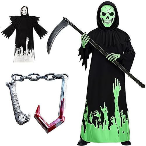 PASLFC Halloween Kostüm Kinder Jungen Sensenmann,4 Stücke Halloween Kostüm Sensenmann Kinder,Kind Sensenmann Kostüm,Sensenmann Kostüm Kind Kann im Dunkeln leuchten,Geeignet für Kinderhöhe 120-130 cm PASLFC Halloween Kostüm Kinder Jungen Sensenmann,4 Stücke Halloween Kostüm Sensenmann Kinder,Kind Sensenmann Kostüm,Sensenmann Kostüm Kind Kann im Dunkeln leuchten,Geeignet für Kinderhöhe 120-130 cm von PASLFC