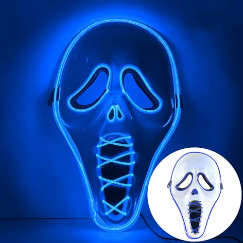 PASLFC Halloween LED Maske, LED-Totenkopfmaske - Drei Lichtmodi, Zweifarbige LED Maske, Halloween LED Maske für Männer, Kinder, Jungen, Teenager, Gruselige Neonmaske für Halloween Party (Blau) von PASLFC