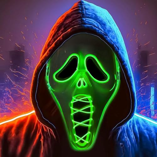 Halloween Maske mit Led,Halloween Ghostface Maske,Halloween Masken Horror Led,Scream Maske Glitzer,Halloween Maske Scream,Grusel Maske mit Led,Geist Scream Maske,Led Maske Halloween Kinder(Grün) von PASLFC