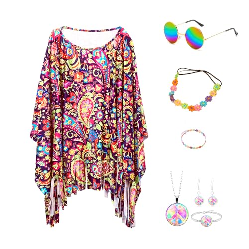 Hippie Kostüm Damen Set,7 Stück Damen Poncho Set,60 er 70er Jahre Hippie Kleidung,Hippie Kostüm Set,Faschingskostüm mit Poncho Halskette Ohrringe Sonnenbrillen,für Karneval Disco Party Cosplay von PASLFC