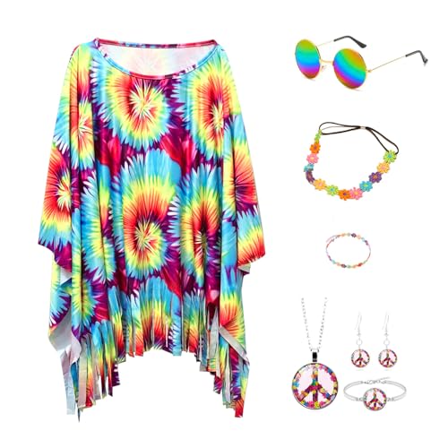 Hippie Kostüm Damen Set,7 Stück Damen Poncho Set,60 er 70er Jahre Hippie Kleidung,Hippie Kostüm Set,Faschingskostüm mit Poncho Halskette Ohrringe Sonnenbrillen,für Karneval Disco Party Cosplay von PASLFC