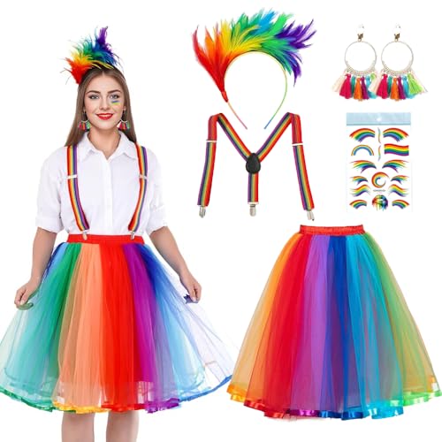 PASLFC Regenbogen Kostüm,Regenbogen Rock Damen Tüll,Regenbogen tüllrock damen,mit feder haarreif bunt,Regenbogen Tattoos,Tütü mit Hosenträger für Karneval,Halloween,Fasching,Mottoparty von PASLFC