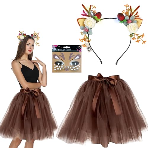 PASLFC Rentier Kostüm Damen,Rentier Kostüm Erwachsene,Rentier Haarreif und Tüllrock Reh,Tierkostüm Erwachsene für Karneval Halloween Weihnachten Cosplay Kostüm Mottoparty mit Gesichtsaufkleber PASLFC Rentier Kostüm Damen,Rentier Kostüm Erwachsene,Rentier Haarreif und Tüllrock Reh,Tierkostüm Erwachsene für Karneval Halloween Weihnachten Cosplay Kostüm Mottoparty mit Gesichtsaufkleber von PASLFC
