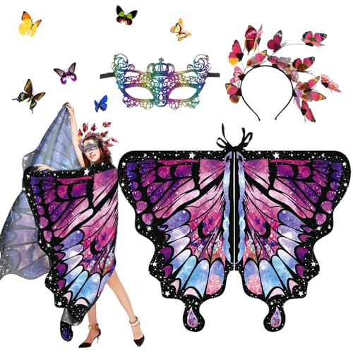 PASLFC Schmetterling Kostüm Damen,Halloween Karneval Kostüm Damen Schmetterling,3 Stück Set Schmetterling Umhang Damen,Schmetterling Flügel Umhang,Schmetterlingsflügel Erwachsene (A-51) von PASLFC