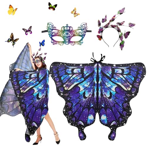 PASLFC Schmetterling Kostüm Damen,Halloween Karneval Kostüm Damen Schmetterling,3 Stück Set Schmetterling Umhang Damen,Schmetterling Flügel Umhang,Schmetterlingsflügel Erwachsene (A-54) von PASLFC