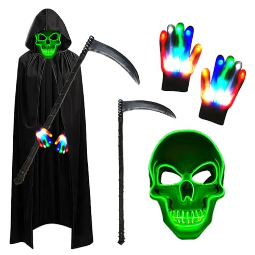 PASLFC Sensenmann Kostüm Erwachsene,Leuchtende Maske Set mit Sensemann Umhang und Sense und Glow Handschuhe,Halloween Kostüm Erwachsene,Kostüm Halloween Herren für Party Karneval Cosplay PASLFC Sensenmann Kostüm Erwachsene,Leuchtende Maske Set mit Sensemann Umhang und Sense und Glow Handschuhe,Halloween Kostüm Erwachsene,Kostüm Halloween Herren für Party Karneval Cosplay von PASLFC